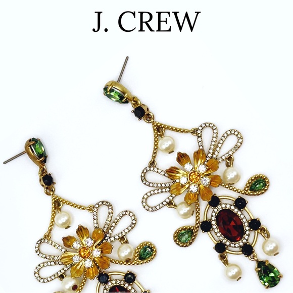 J. Crew • Baroque Floral Mixed Gem Statement Drop Earrings • Alhambra Green - Picture 3 of 13